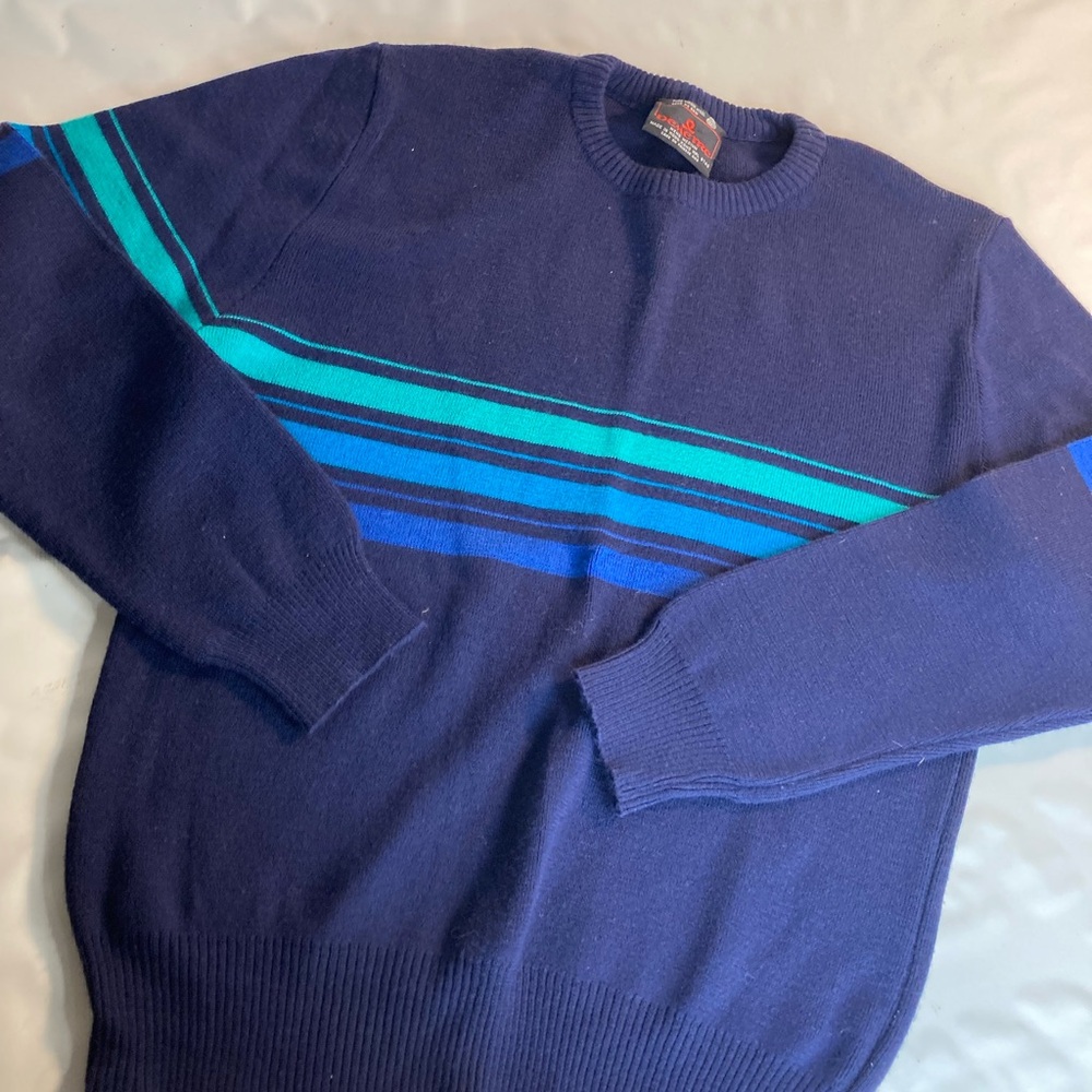 DEMETRE Blue striped wool ski sweater Medium tag vtg 70s 80s